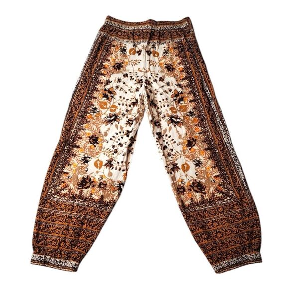 Anthropologie Bohemian Linen Blend Tan and Brown Floral Print Pants Size 26W - Picture 8 of 12